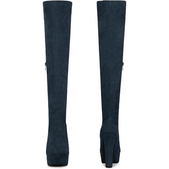 Women Navy Blue Suede Chunky Heel Rounded Toe Over the Knee Thigh High Boots - Picture 2 of 4